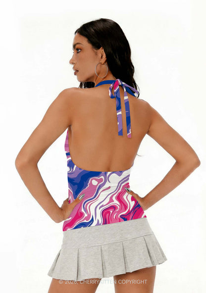 Bisexual Liquid Tie Dye Pride Y2K Print Halter Deep V Neck Cami Cherrykitten