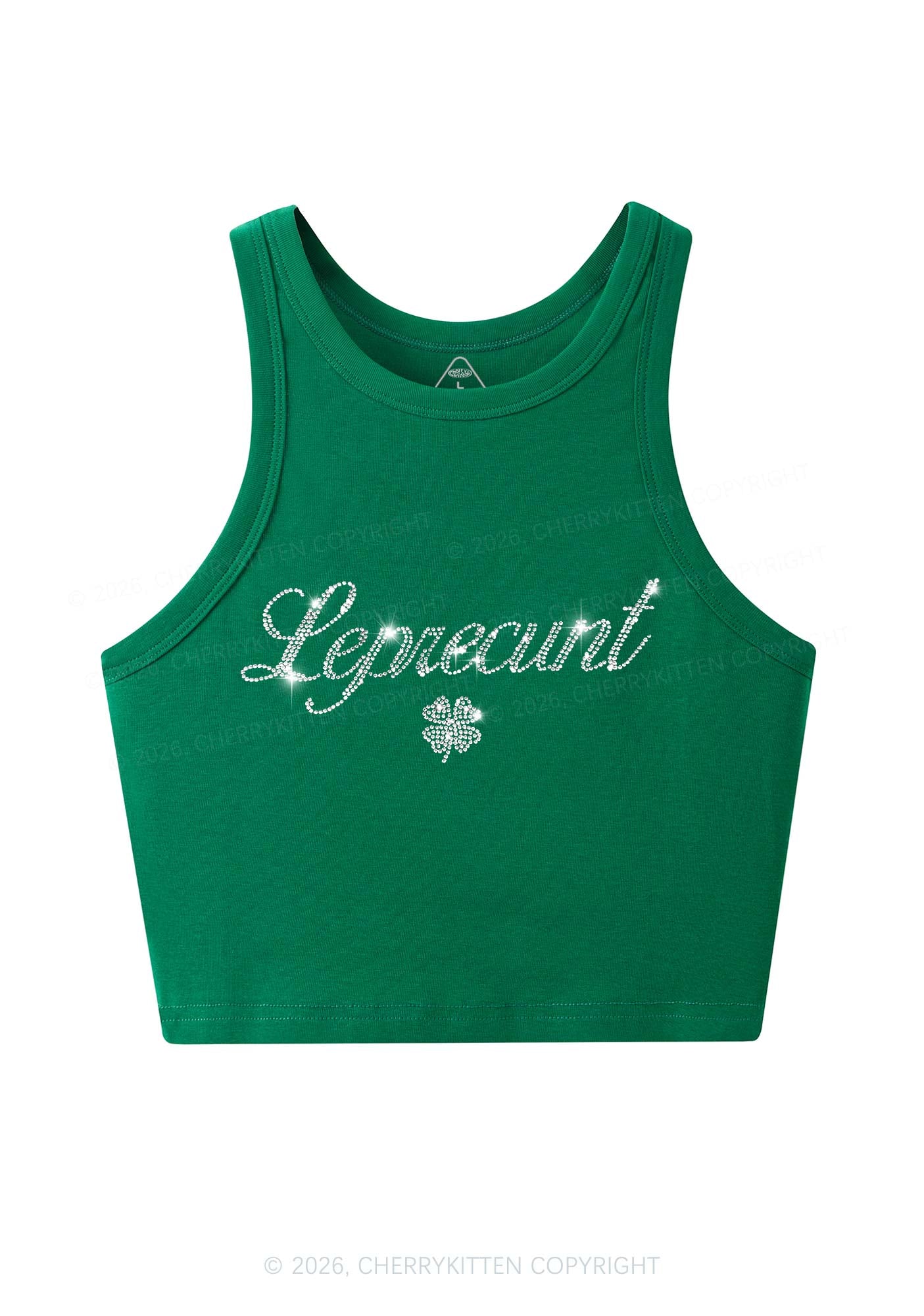 Rhinestone Leprecunt St Patricks Y2K Crop Tank Top Cherrykitten