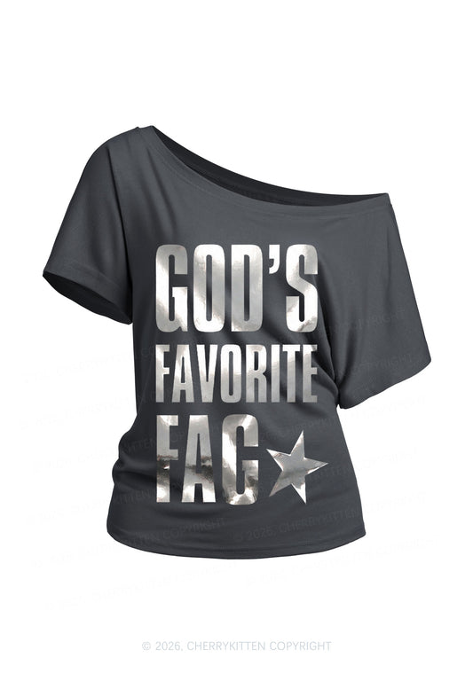 Gods Favorite Fag Pride Silver Foil Printed Y2K Off Shoulder Tee Cherrykitten