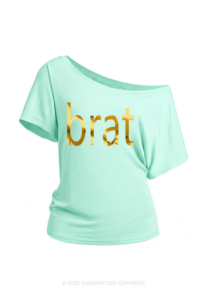 Brat Silver Foil Printed Y2K Off Shoulder Tee Cherrykitten