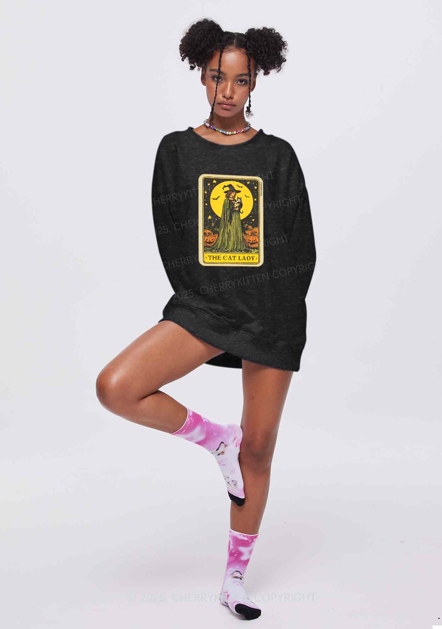 Halloween The Witch Cat Lady Y2K Washed Sweatshirts Cherrykitten