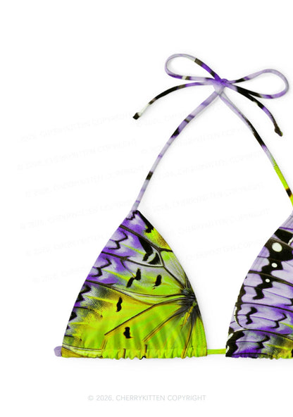 Purple Lime Butterfly Wing Y2K Print Bikini Set Cherrykitten