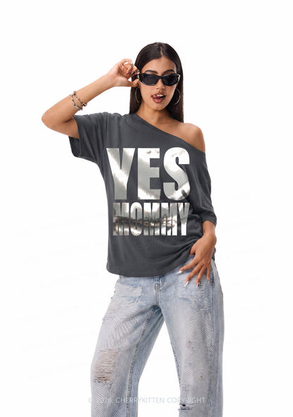 Yes Mommy Silver Foil Printed Y2K Off Shoulder Tee Cherrykitten