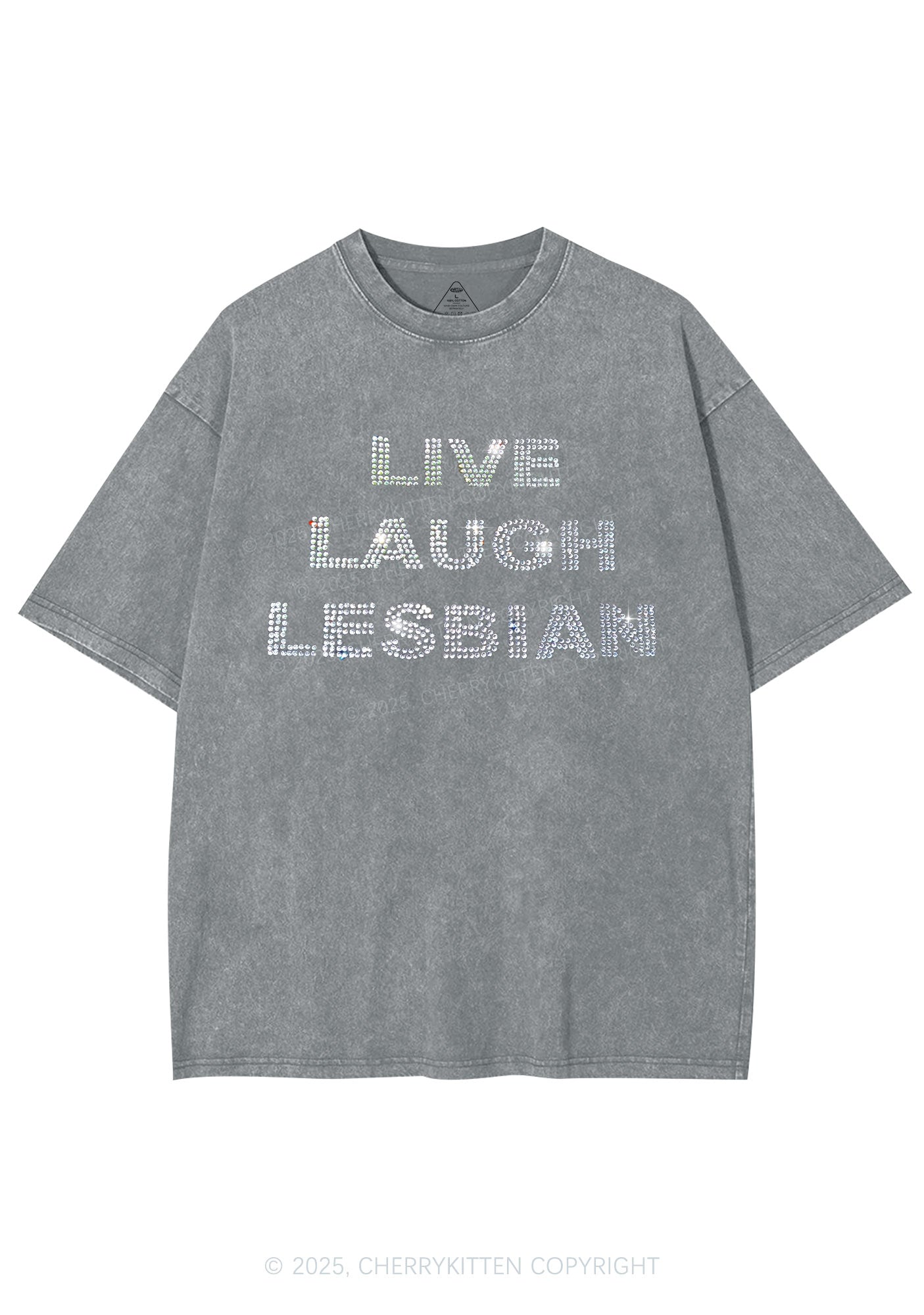 Rhinestone Live Laugh Lesbian Pride Y2K Shirts Washed Tee Cherrykitten