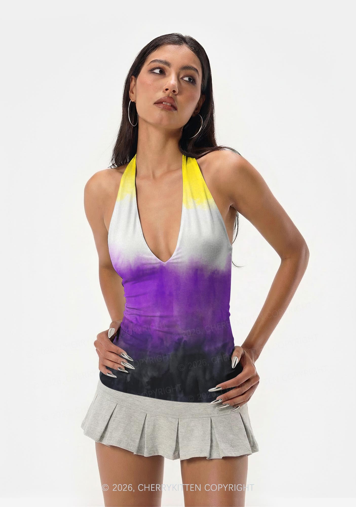 Nonbinary Tie Dye Pride Y2K Print Halter Deep V Neck Cami Cherrykitten