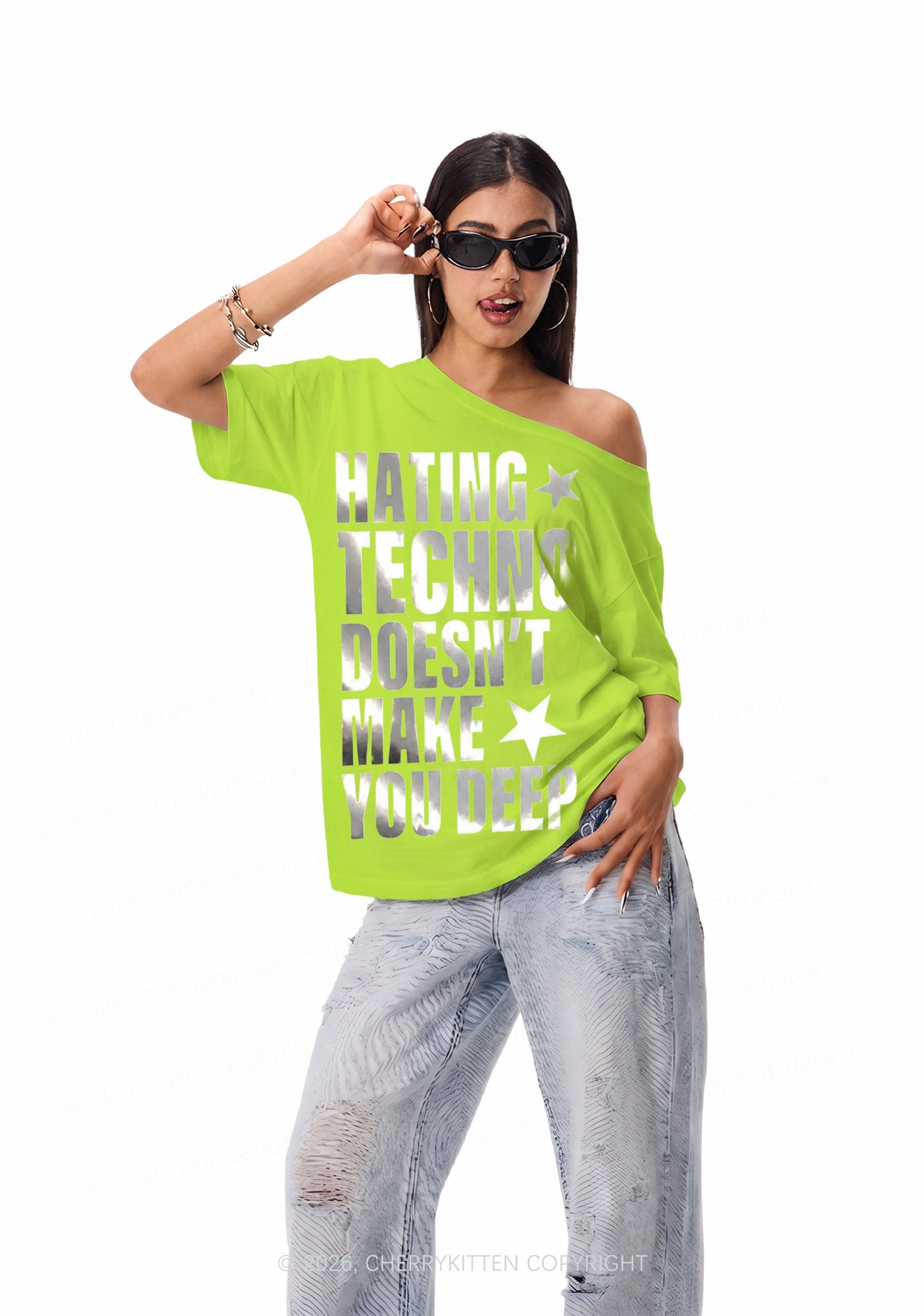 Hating Techno Silver Foil Printed Y2K Off Shoulder Tee Cherrykitten