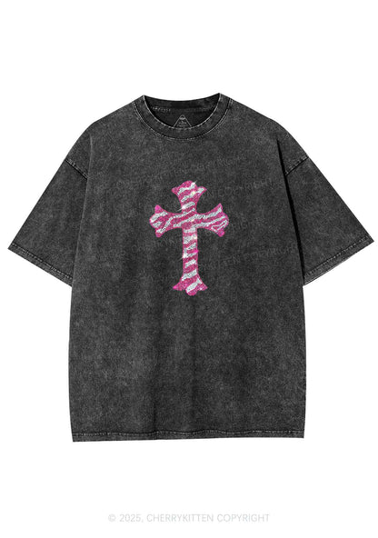 Rhinestone Pink Cross Y2K Shirts Washed Tee Cherrykitten