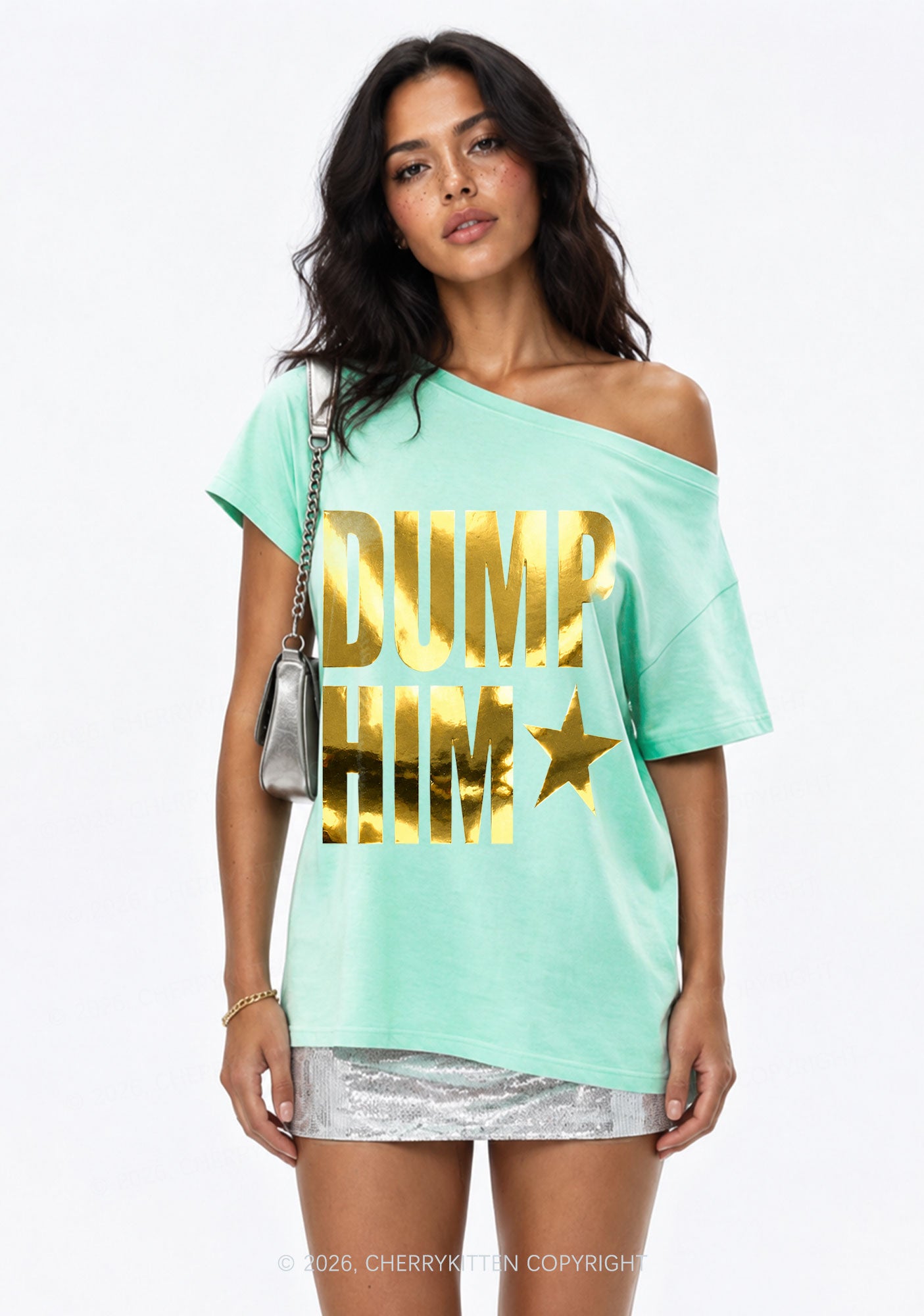 Dump Him Silver Foil Printed Y2K Off Shoulder Tee Cherrykitten