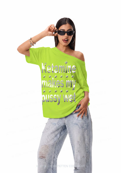 K Makes My Puxxy Wet Silver Foil Printed Y2K Off Shoulder Tee Cherrykitten