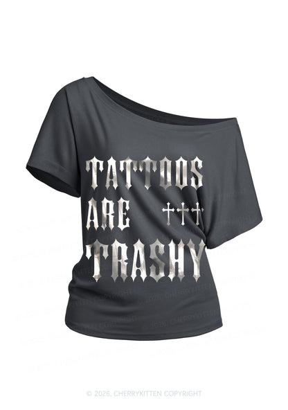 Tattoos Are Trashy Silver Foil Printed Y2K Off Shoulder Tee Cherrykitten