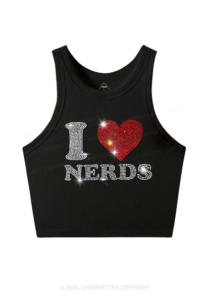 Rhinestone I Love Nerds Y2K Crop Tank Top Cherrykitten