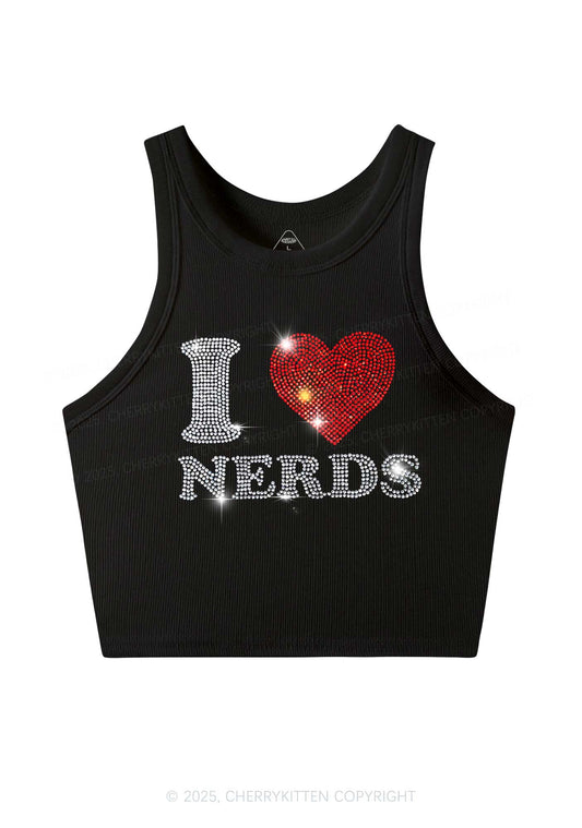 Rhinestone I Love Nerds Y2K Crop Tank Top Cherrykitten