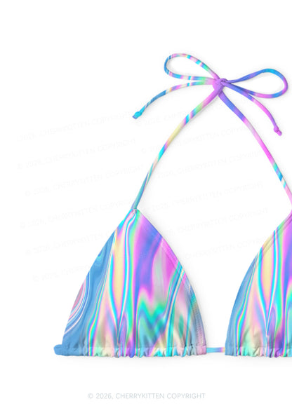 Holographic Iridescent Swirl Y2K Print Bikini Set Cherrykitten