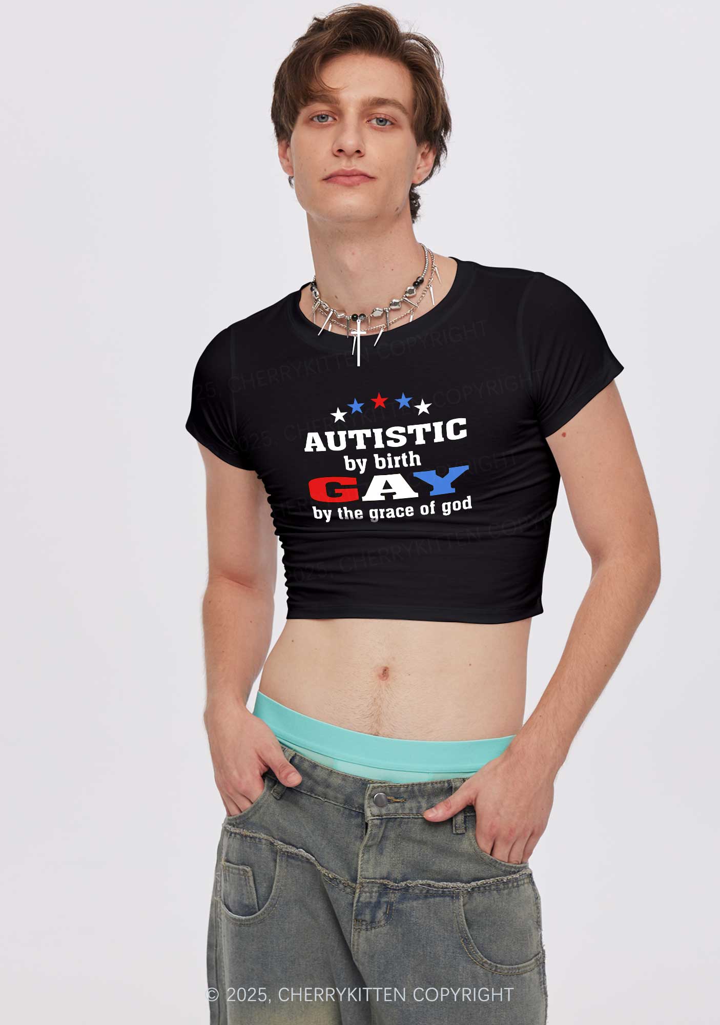 Autistic By Birth Gay Pride Y2K Baby Tee Cherrykitten