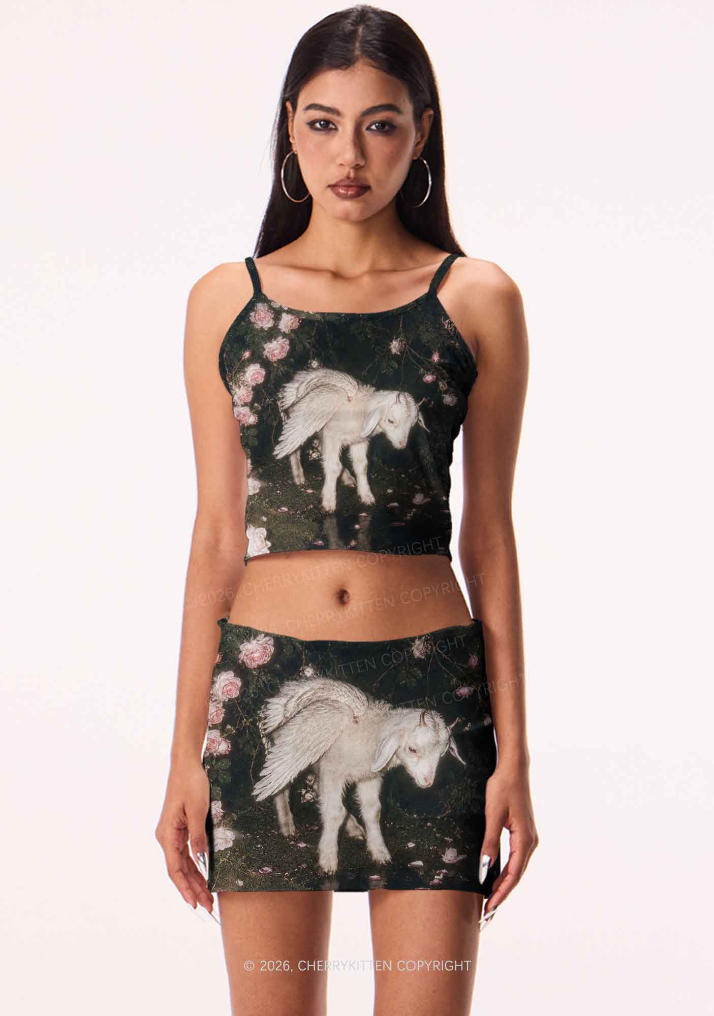 Winged Baby Goat Y2K Print Mini Skirt Cherrykitten