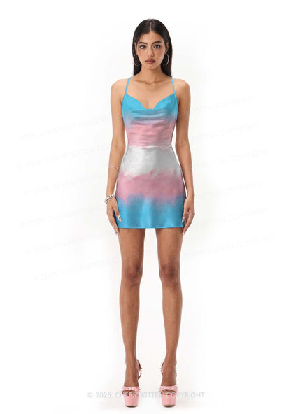 Trans Tie Dye Pride Y2K Print Satin Cowl Neck Slip Dress Cherrykitten