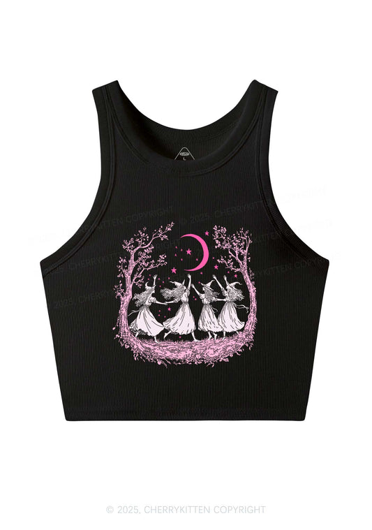 Halloween Witches Dancing Under Moon Y2K Crop Tank Top Cherrykitten