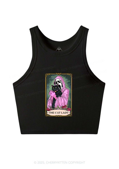 Halloween The Skull Cat Lady Y2K Crop Tank Top Cherrykitten