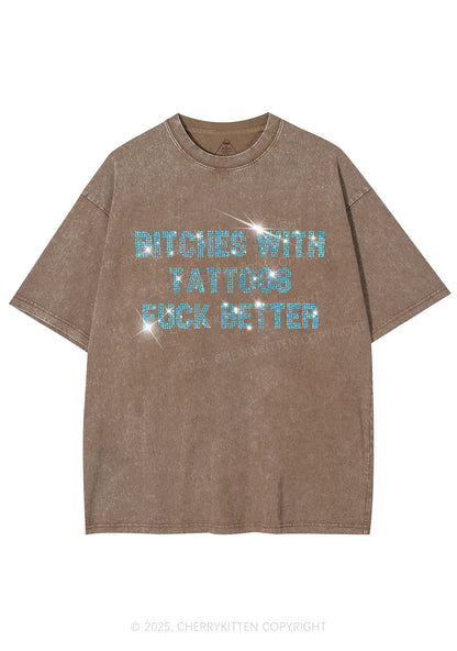 Rhinestone Bxxches With Tattoos Fxxk Better Y2K Shirts Washed Tee Cherrykitten