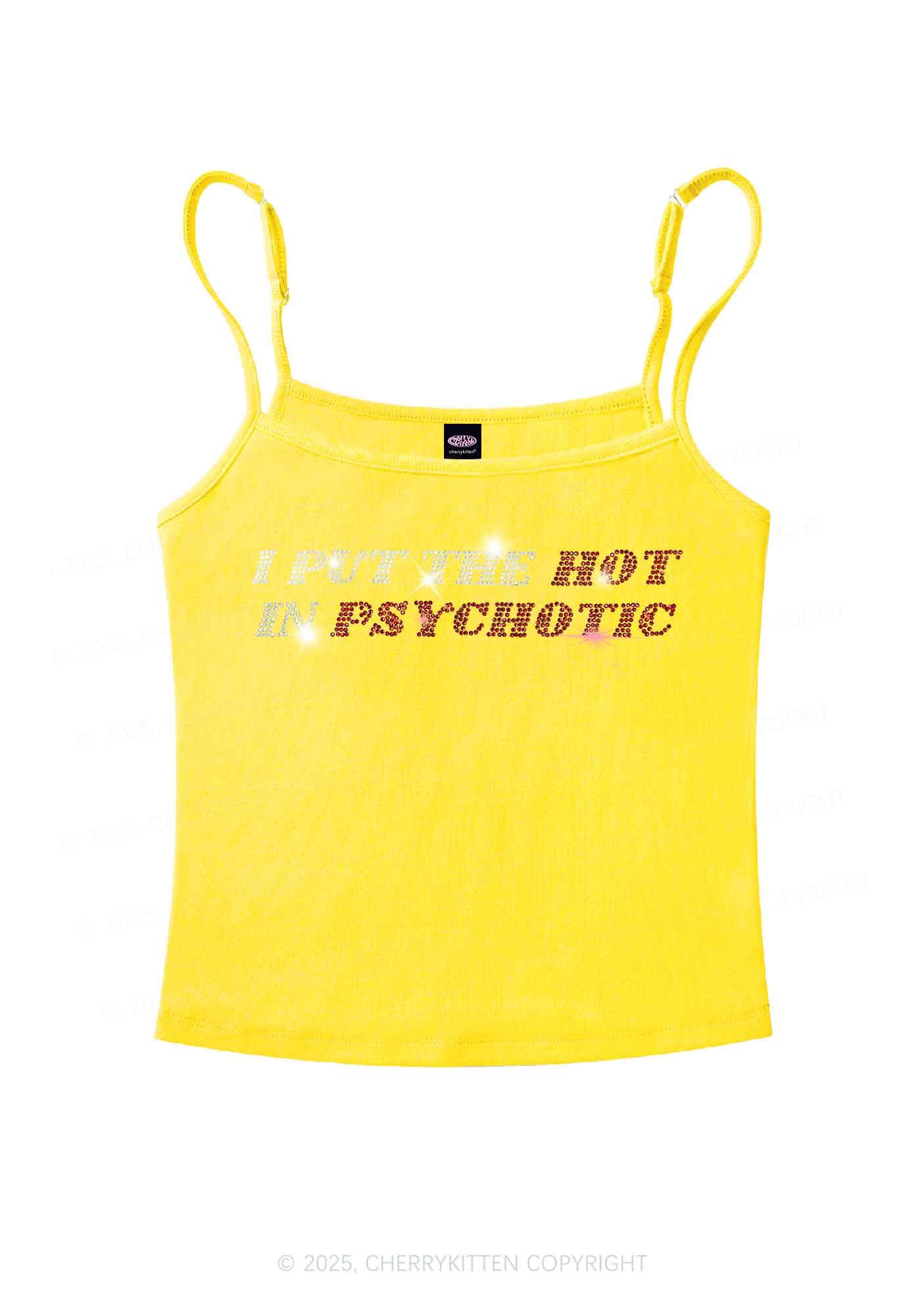 Rhinestone I Put The Hot In Psychotic Y2K Spaghetti Strap Cami Cherrykitten