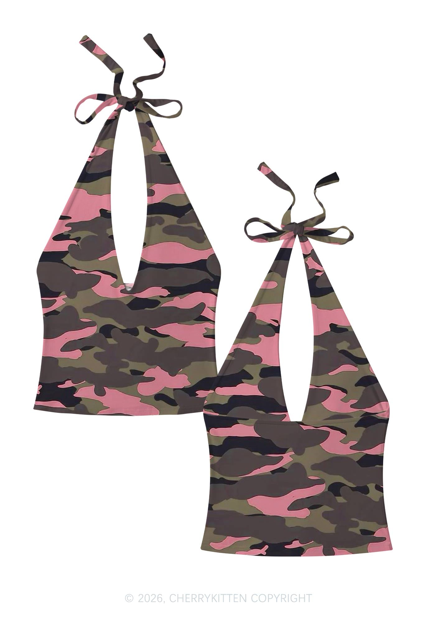 Pink Camouflage Y2K Print Halter Deep V Neck Cami Cherrykitten