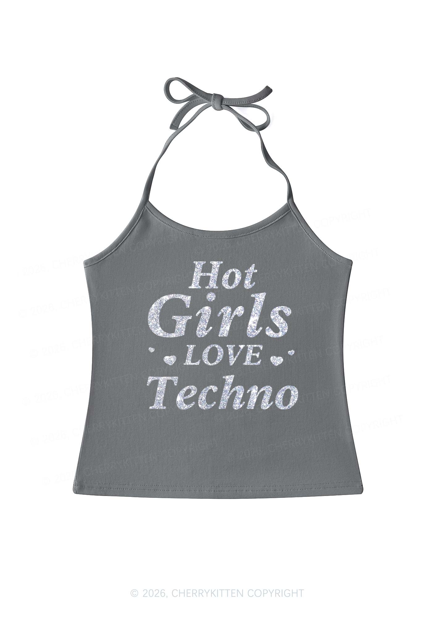 Glitter Hot Girls Love Techno Y2K Halter Neck Cami Cherrykitten