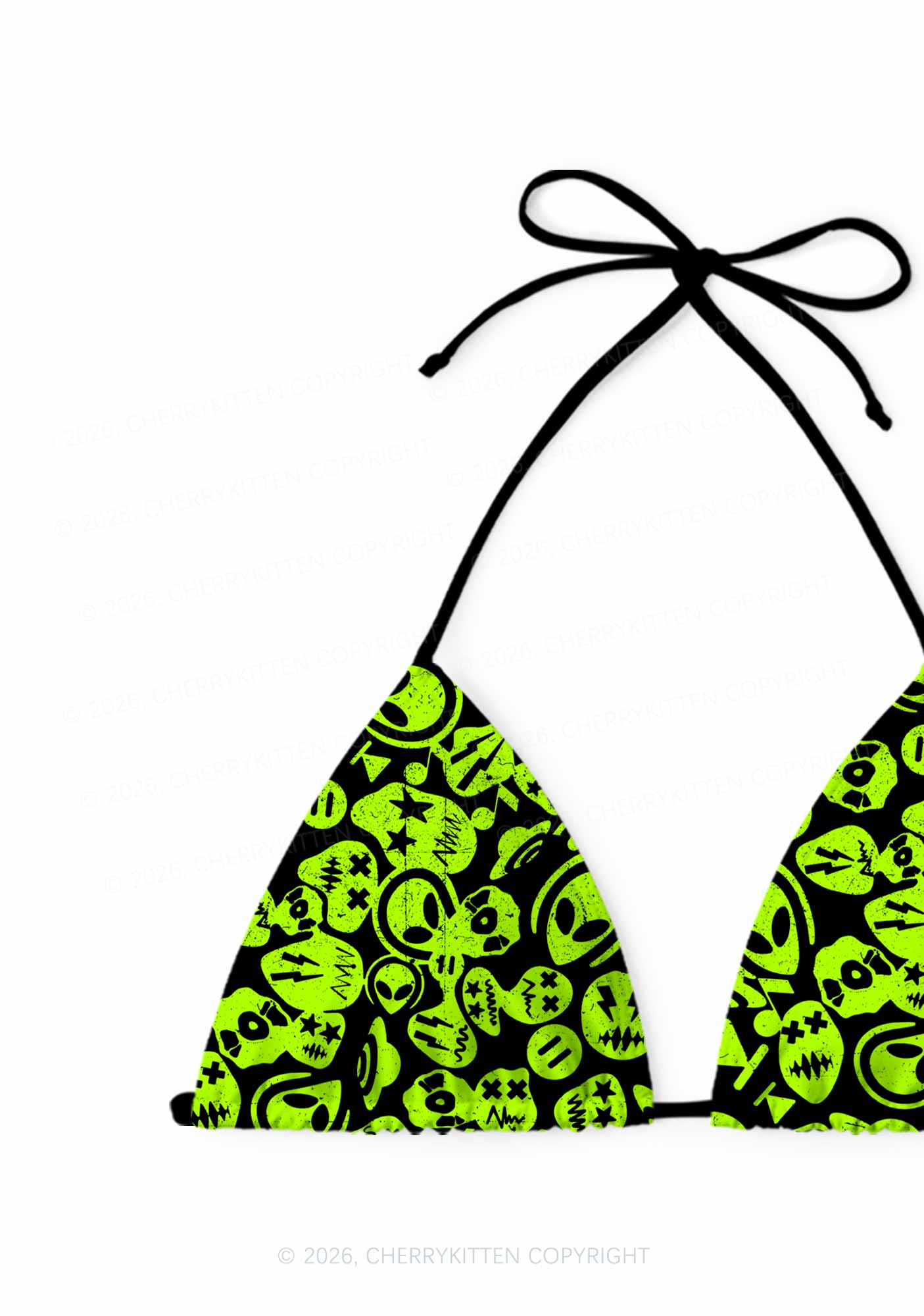 Green Alien Doodle Y2K Print Bikini Set Cherrykitten