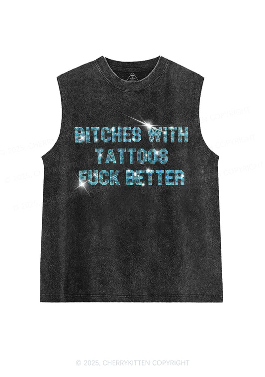 Rhinestone Bxxches With Tattoos Fxxk Better Y2K Washed Muscle Tank Cherrykitten