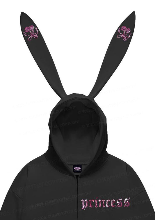 Rhinestone Princess Y2K Bunny Ear Zip Hoodie Cherrykitten