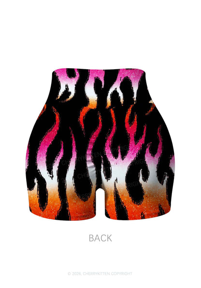 Lesbian Flame Pride Y2K Print Gym Shorts Cherrykitten