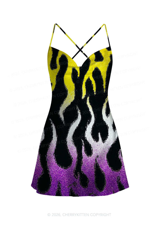 Nonbinary Flame Pride Y2K Print Satin Cowl Neck Slip Dress Cherrykitten
