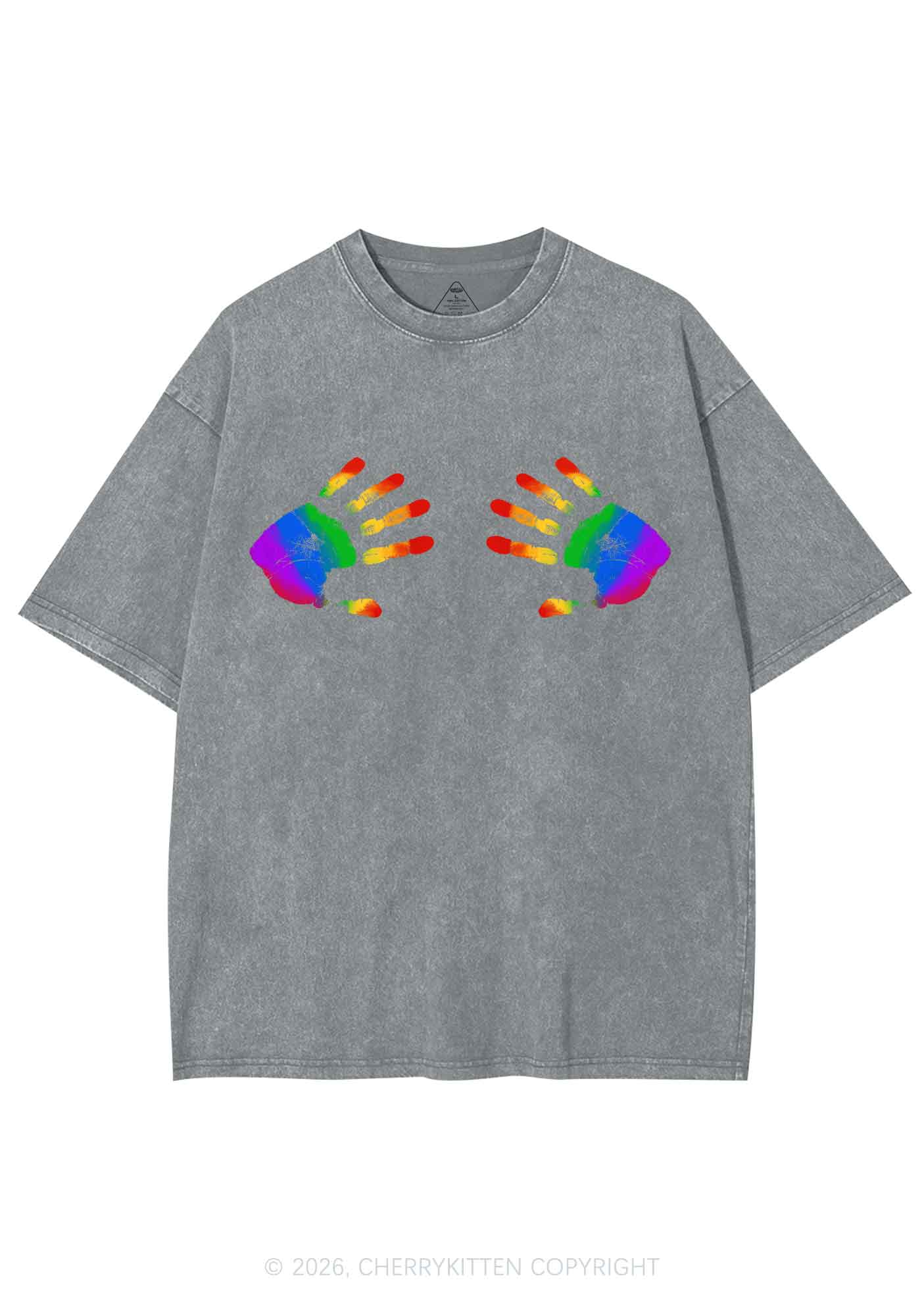 Rainbow Handprint Pride Y2K Shirts Washed Tee Cherrykitten