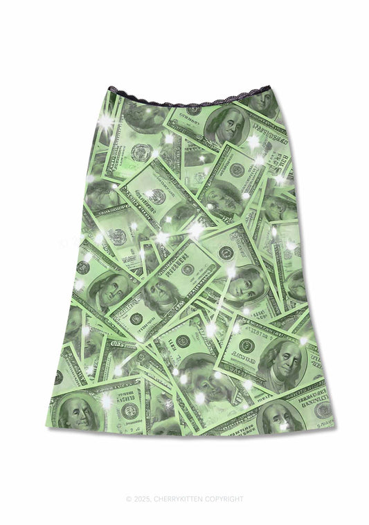 Green Shiny Money Y2K Print Midi Skirt Cherrykitten