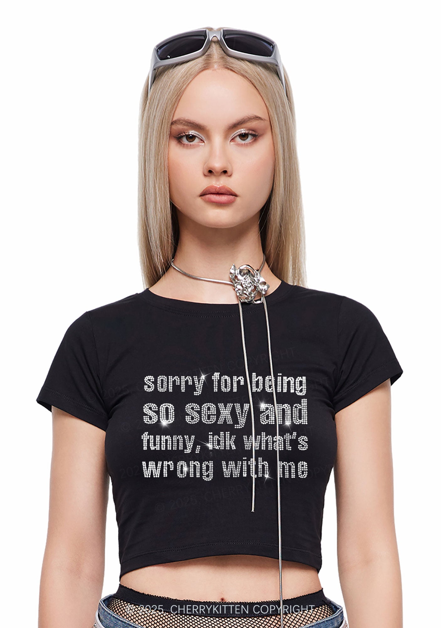 Rhinestone Sorry For Being So Funny Y2K Baby Tee Cherrykitten