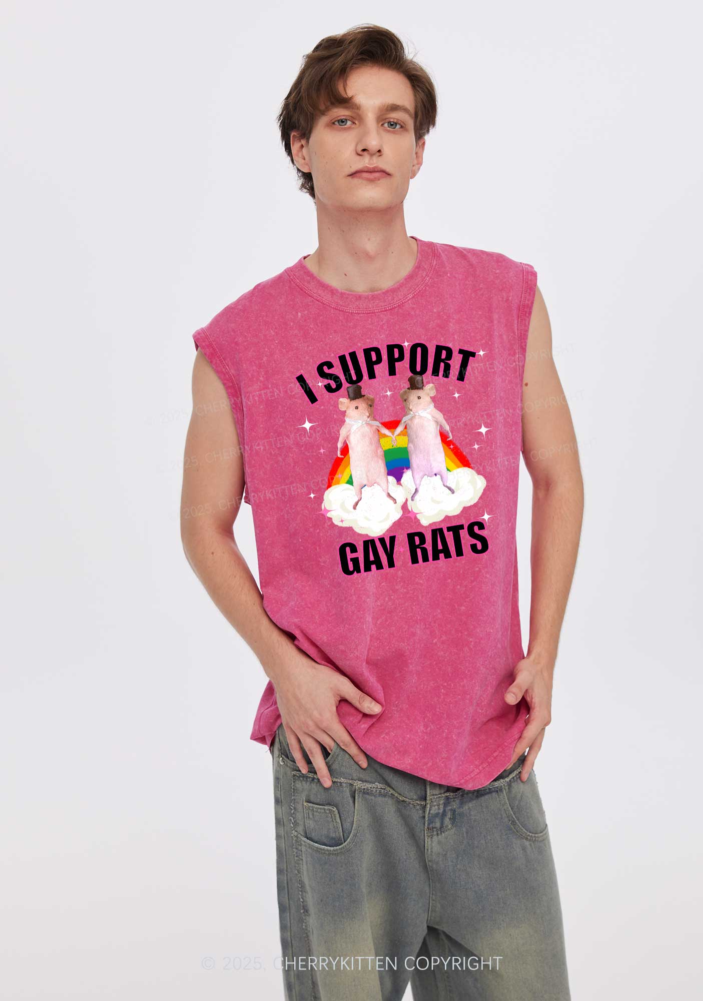 Support Gay Rats Pride Y2K Washed Muscle Tank Cherrykitten