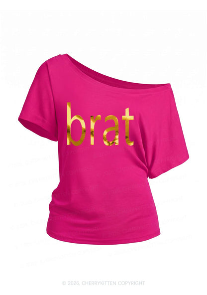 Brat Silver Foil Printed Y2K Off Shoulder Tee Cherrykitten