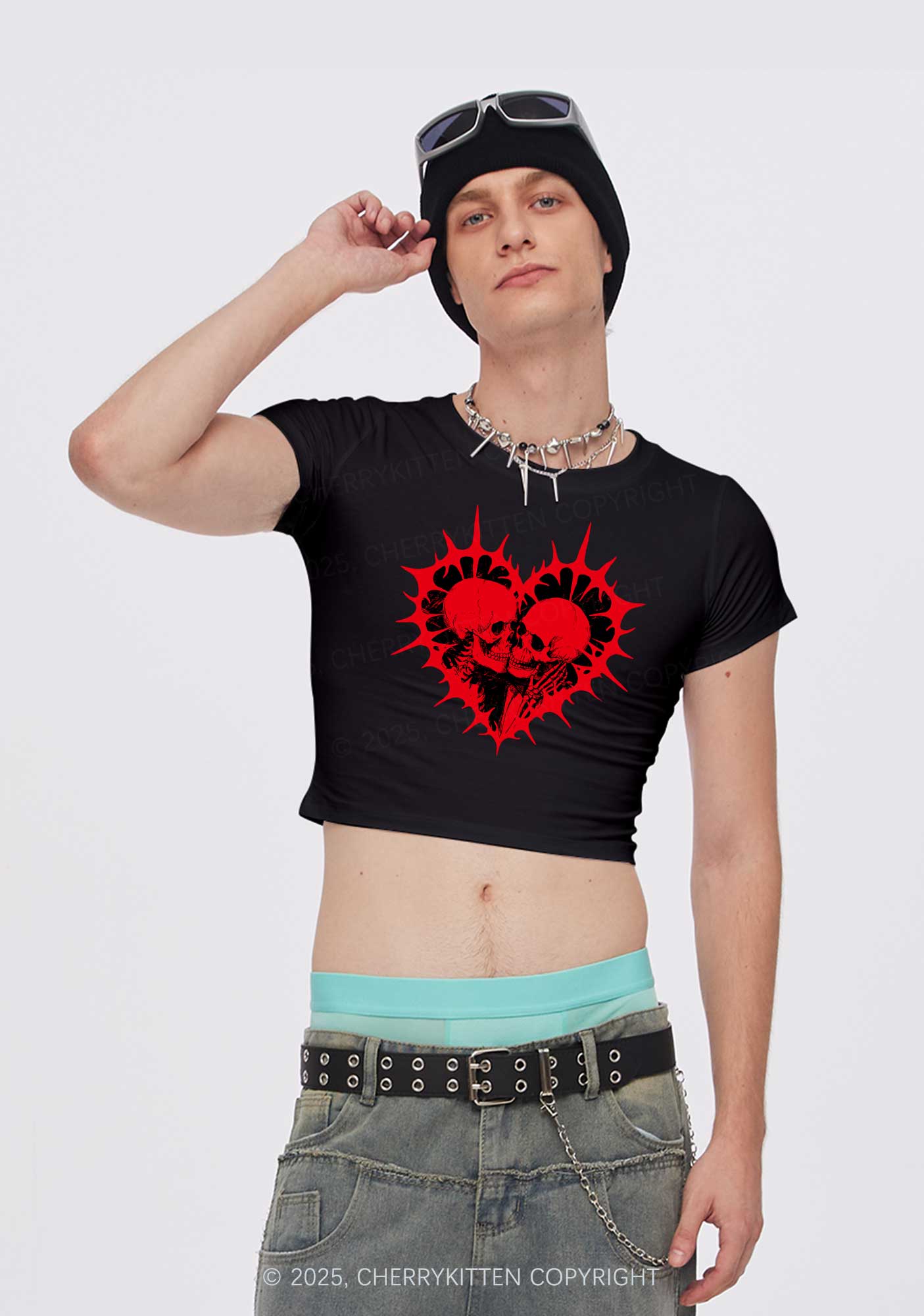 Spiked Heart Skulls Valentine's Day Y2K Baby Tee Cherrykitten