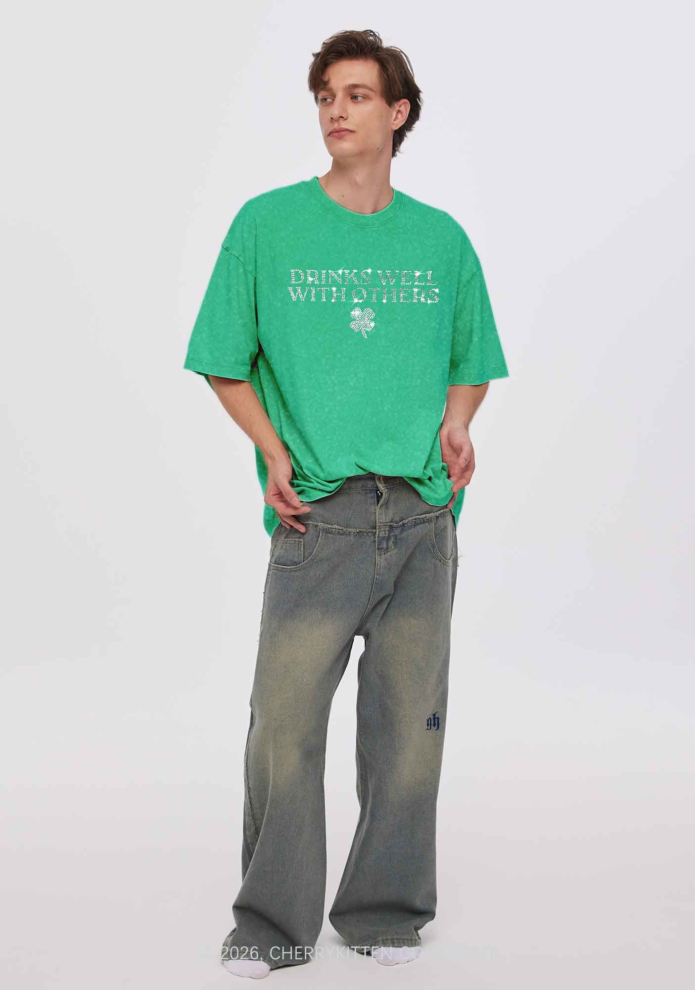 Rhinestone Drinks Well With Others St Patricks Y2K Shirts Washed Tee Cherrykitten