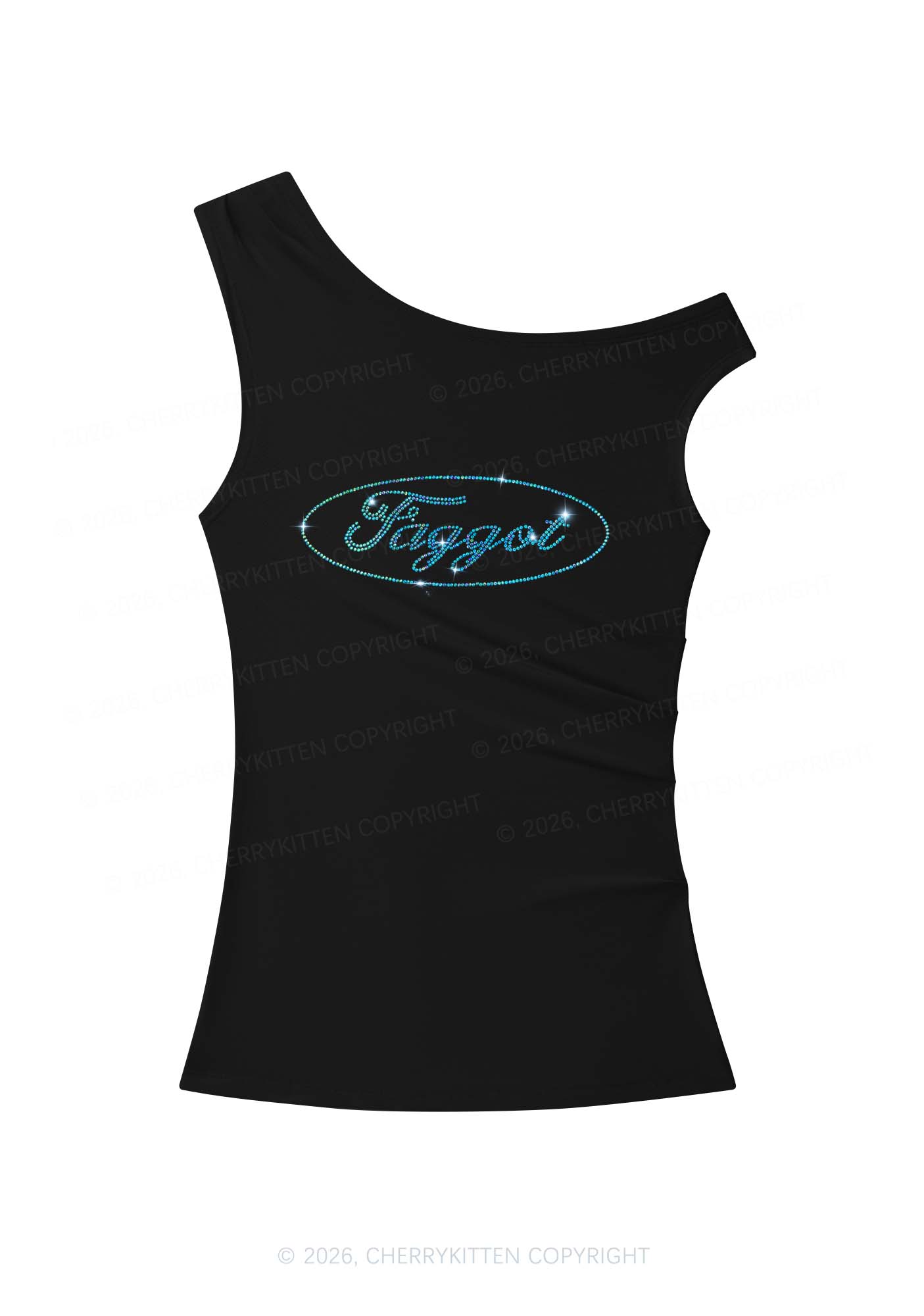 Rhinestone Oval Faggot Pride Y2K Off Shoulder Tank Top Cherrykitten