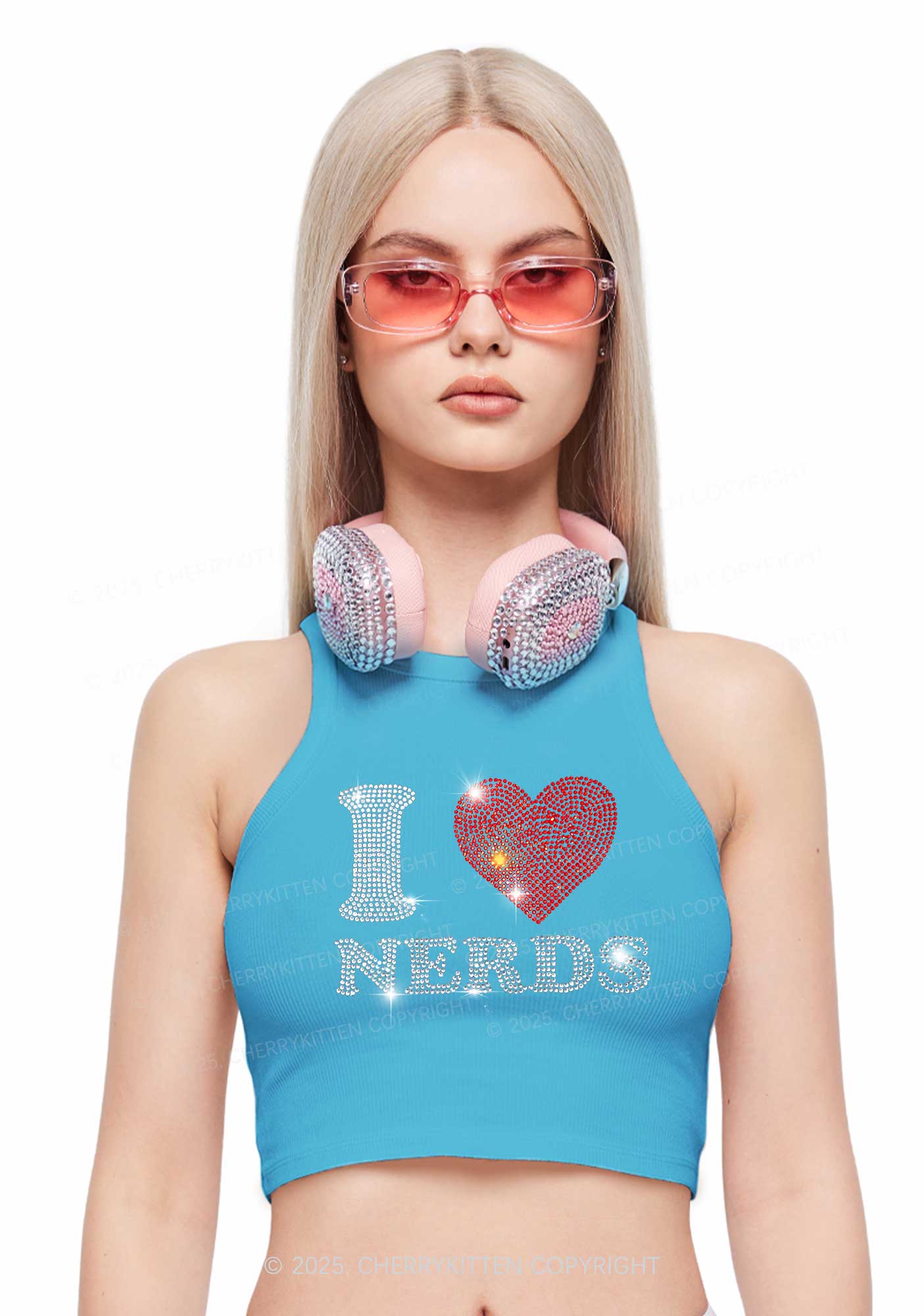 Rhinestone I Love Nerds Y2K Crop Tank Top Cherrykitten