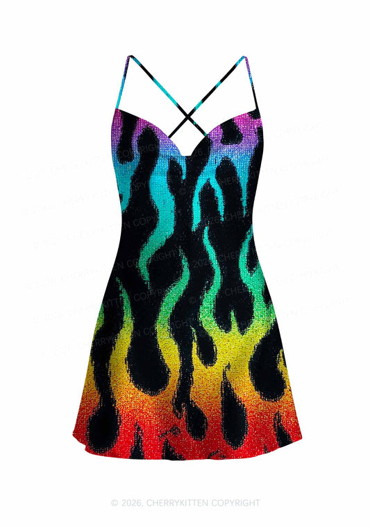 Rainbow Flame Pride Y2K Print Satin Cowl Neck Slip Dress Cherrykitten