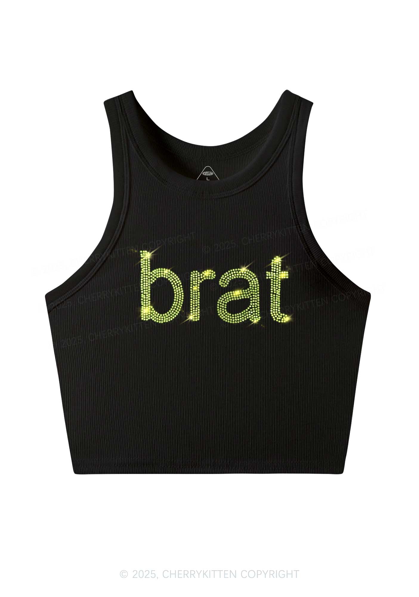 Rhinestone Green Brat Y2K Crop Tank Top Cherrykitten
