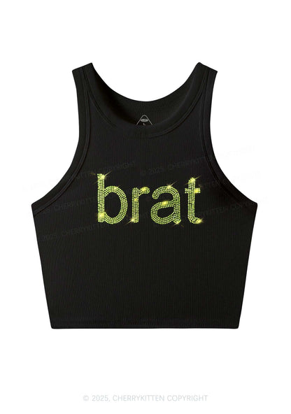 Rhinestone Green Brat Y2K Crop Tank Top Cherrykitten