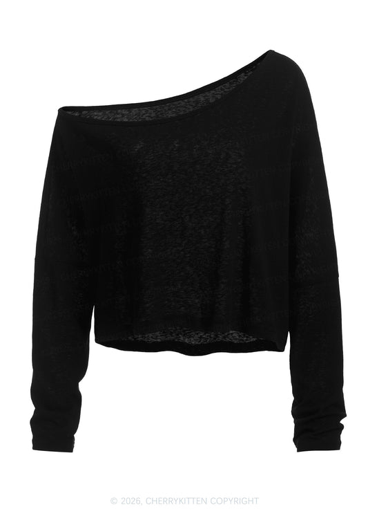 Plain Y2K Off Shoulder Long Sleeve Crop Top Cherrykitten