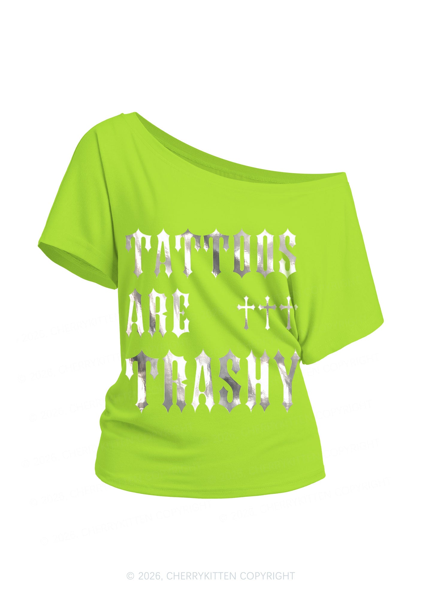 Tattoos Are Trashy Silver Foil Printed Y2K Off Shoulder Tee Cherrykitten