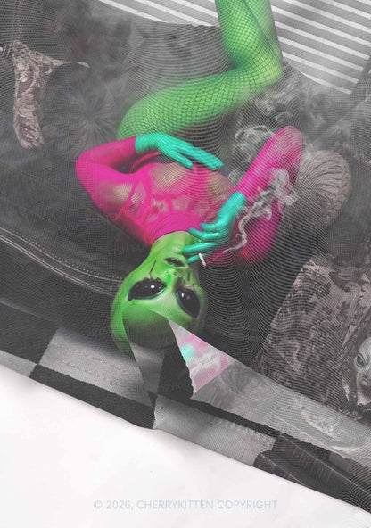 Smoking Alien Y2K Mesh Crop Top Cherrykitten