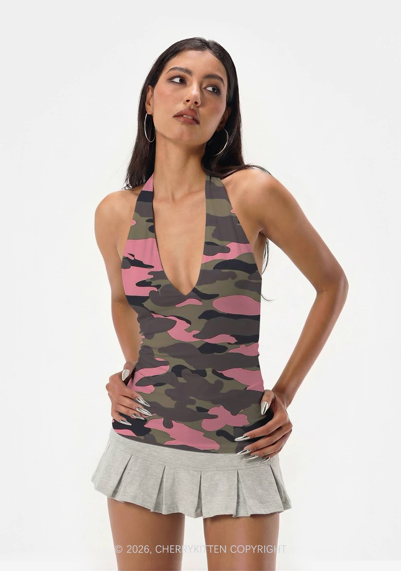 Pink Camouflage Y2K Print Halter Deep V Neck Cami Cherrykitten