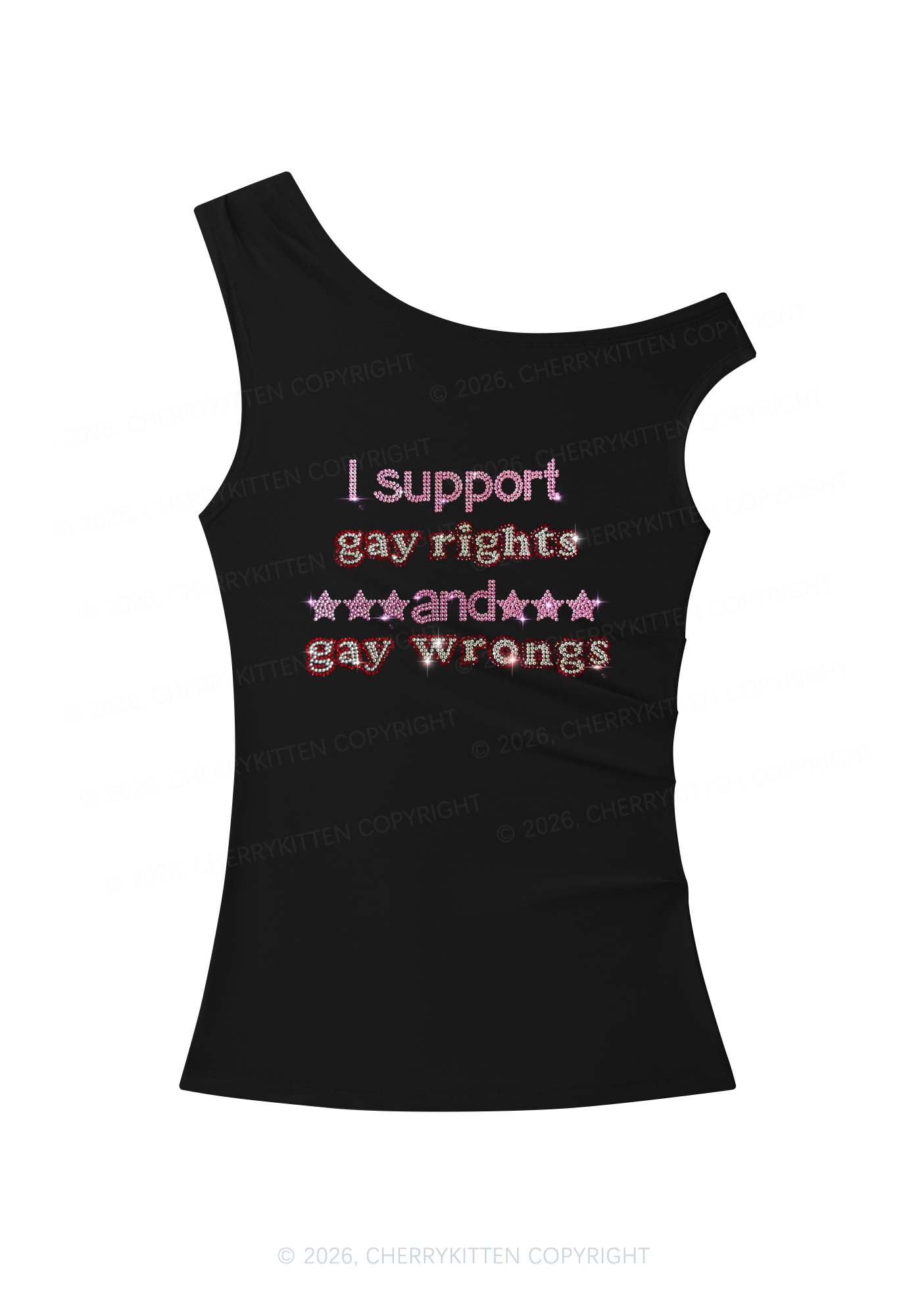 Rhinestone I Support Gay Rights Y2K Off Shoulder Tank Top Cherrykitten