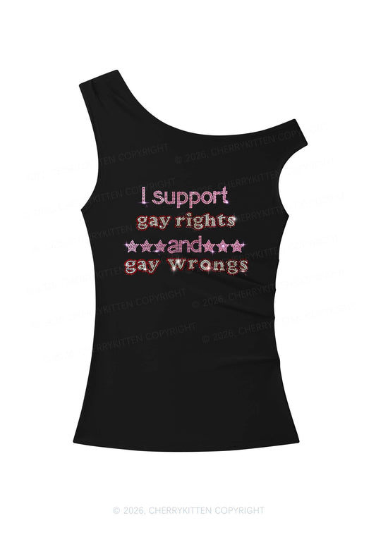 Rhinestone I Support Gay Rights Y2K Off Shoulder Tank Top Cherrykitten
