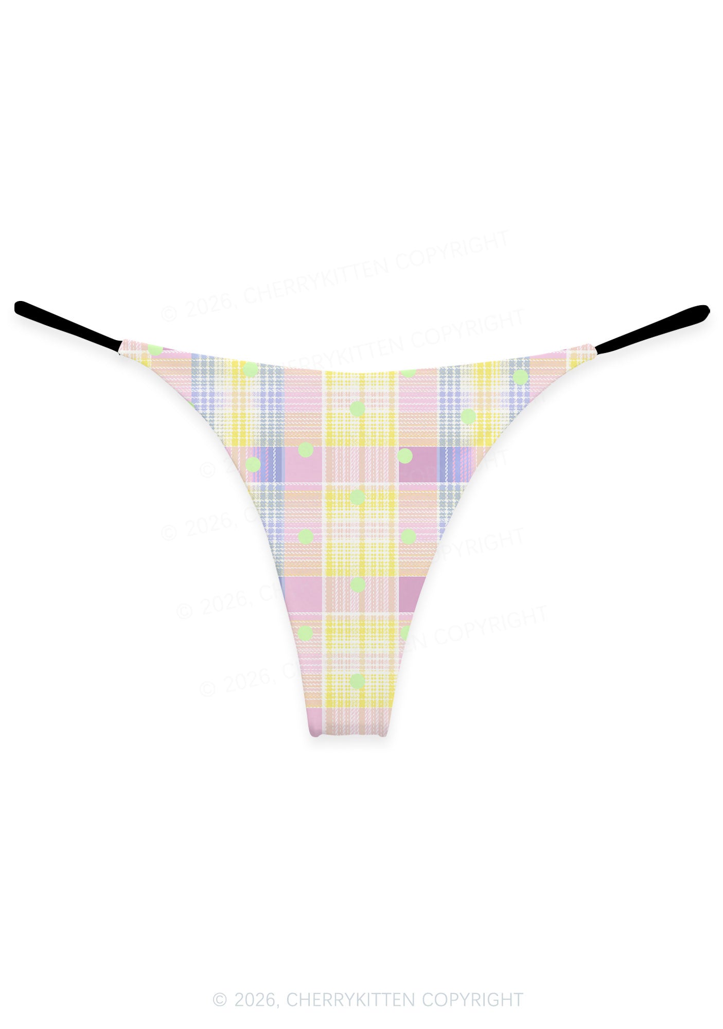 Light Green Dots On Plaid Y2K Print Bikini String Thong Cherrykitten